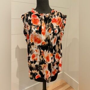DKNY Black and Orange Floral Blouse Size XL Like New